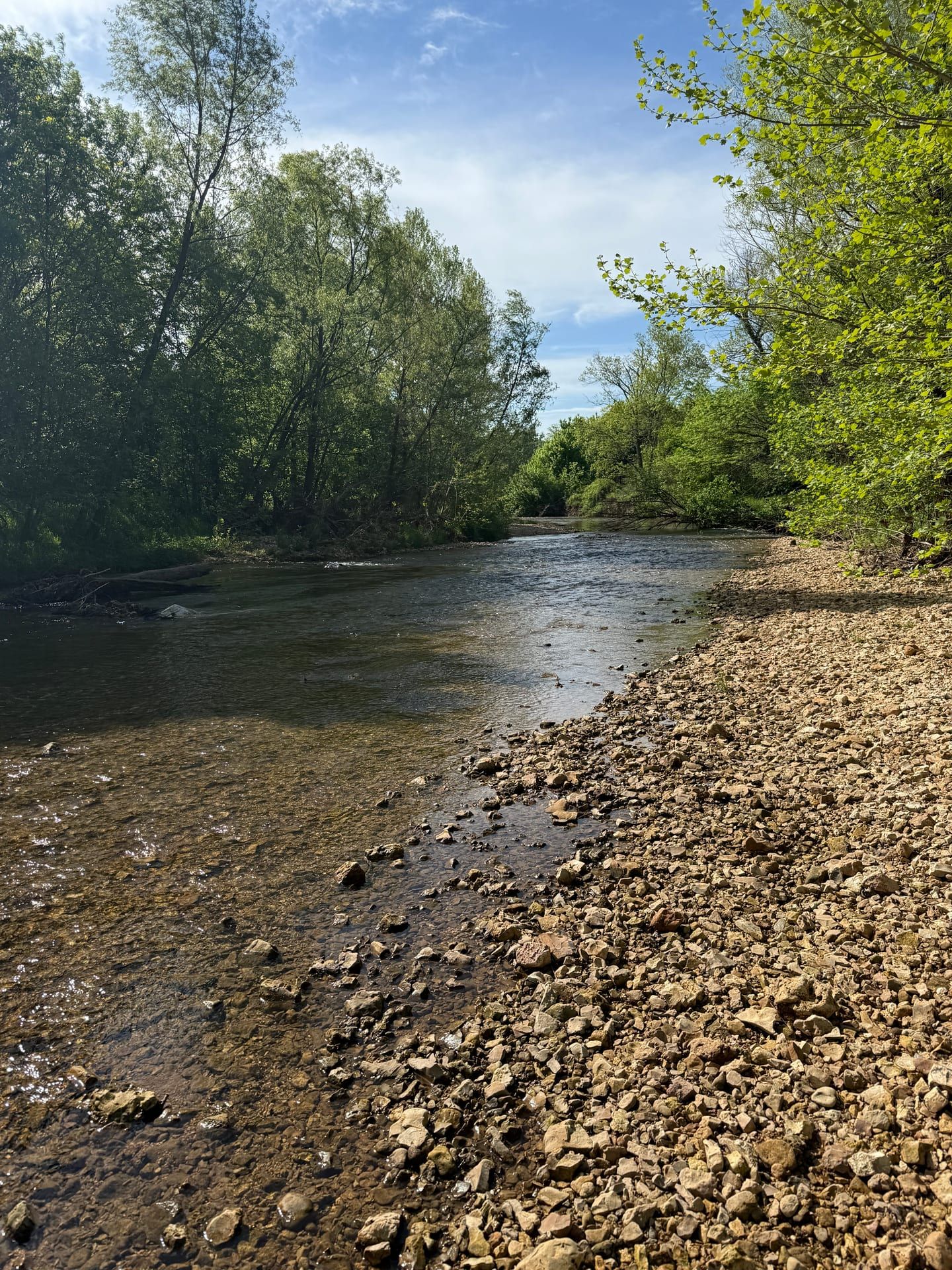 Rocky shore along Little Osage Creek with clear flowing water